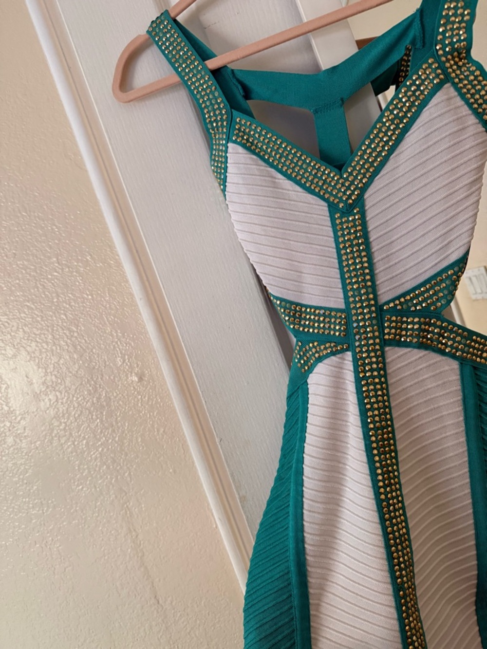 bebe Teal and White Studded One-Shoulder Bodycon Dress
Org $149